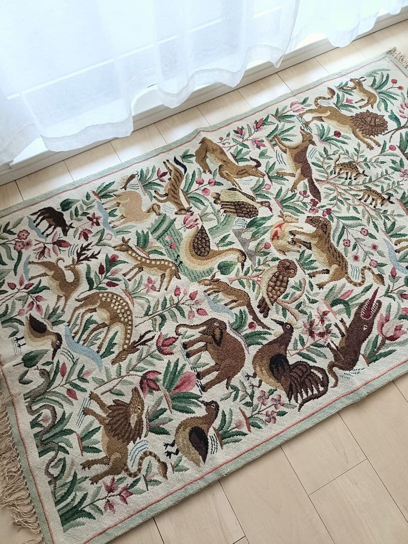 アンティークリネン 動物 アニマル ラグ タペストリー ゴブラン インテリア