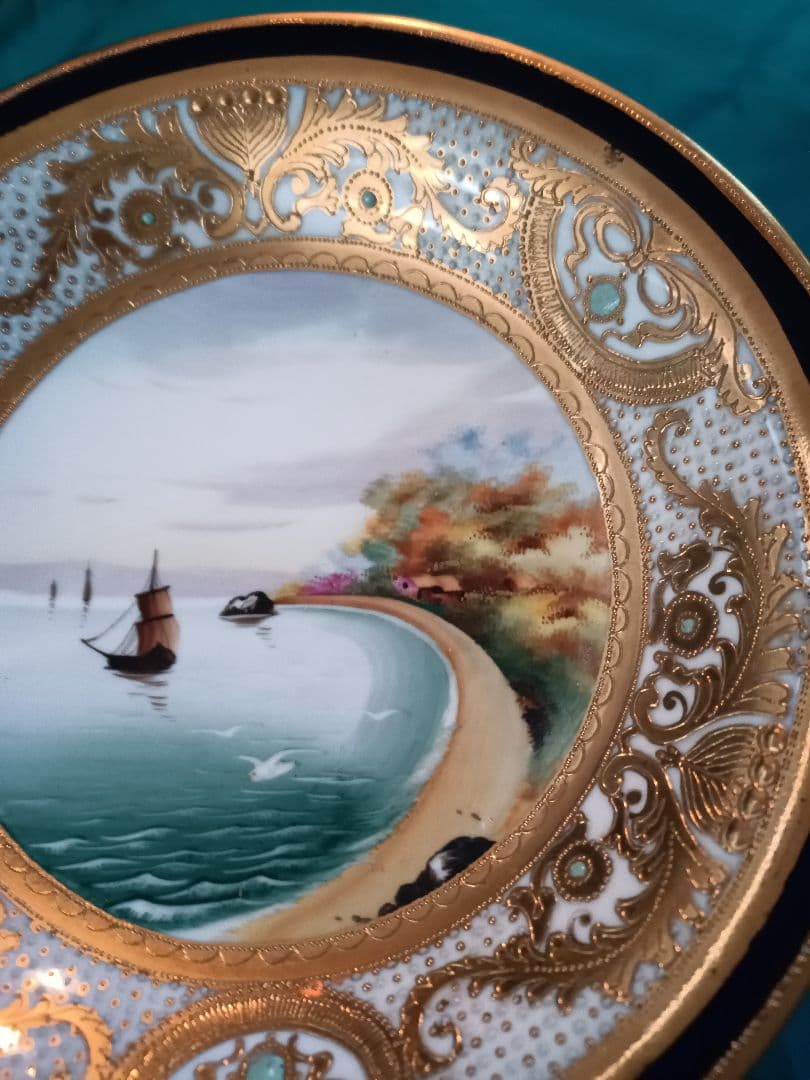 【オールドノリタケ】　金盛ジュール藍線帯帆船風景紋図　コンポート