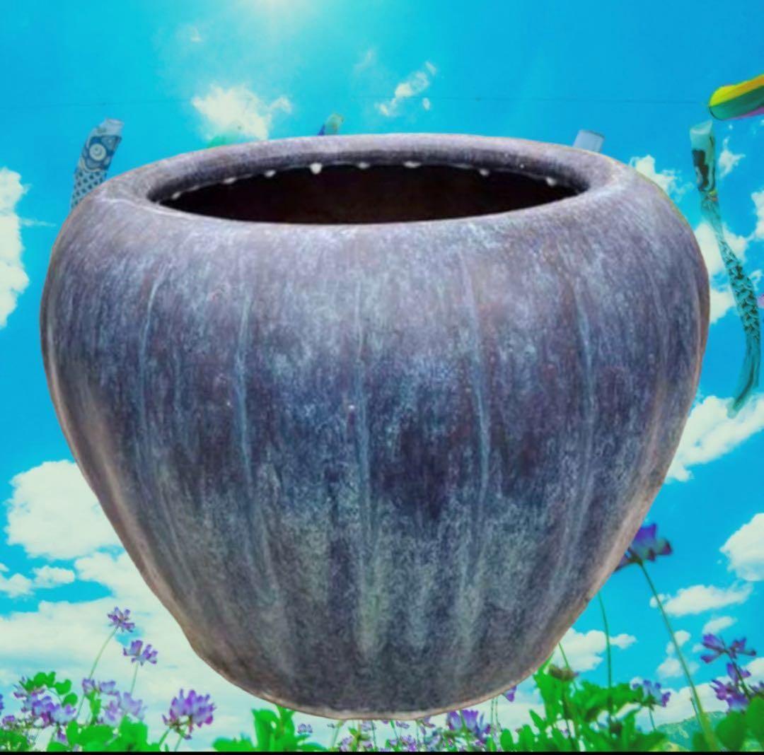 古中国火鉢　落款有り　海鼠釉薬　青緑色の陶器 火鉢　47×36㌢