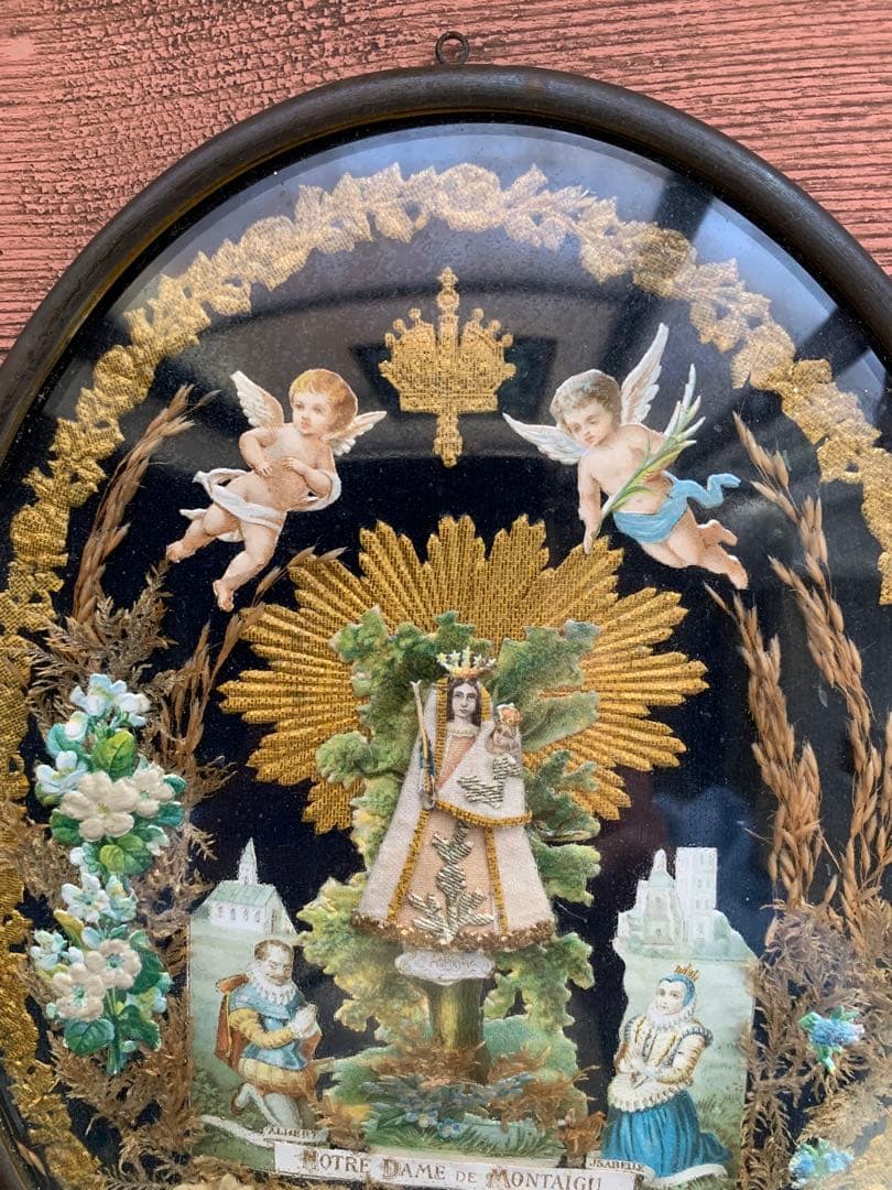 フランスアンティーク　19世紀ベルギーガラス額に美しくデコパージュされたマリア様