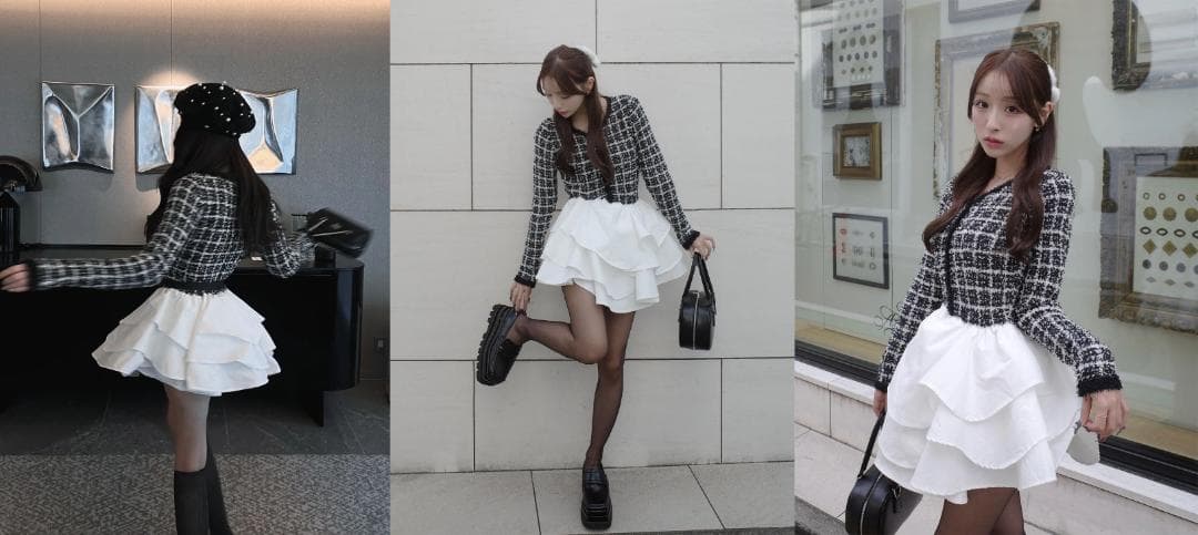 ダーリッチ darich ボリュームフリルツイードニットミニワンピース BLK