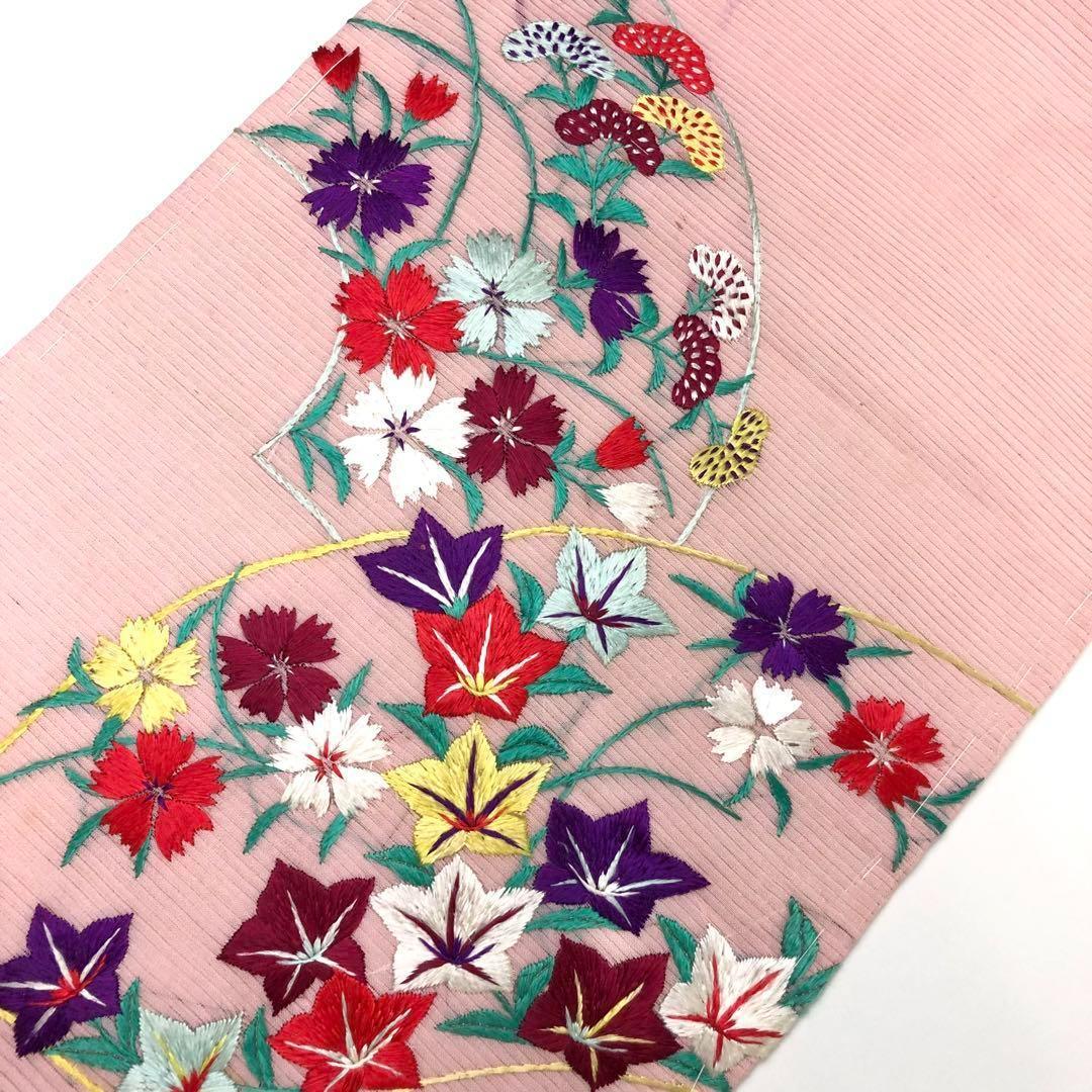 アンティーク帯 夏帯 名古屋帯 絽 地紙に花柄模様 刺繍 AO-3115