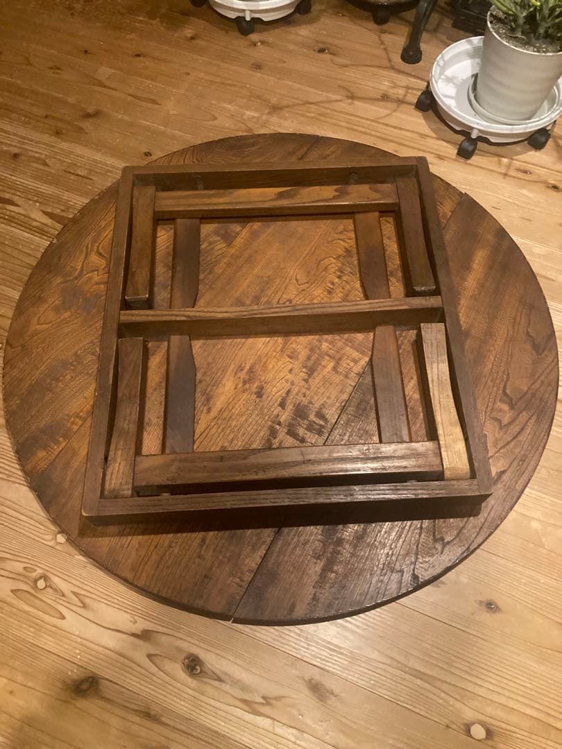 昭和レトロ　古い木製丸ローテーブル　折畳丸ちゃぶ台13直径950