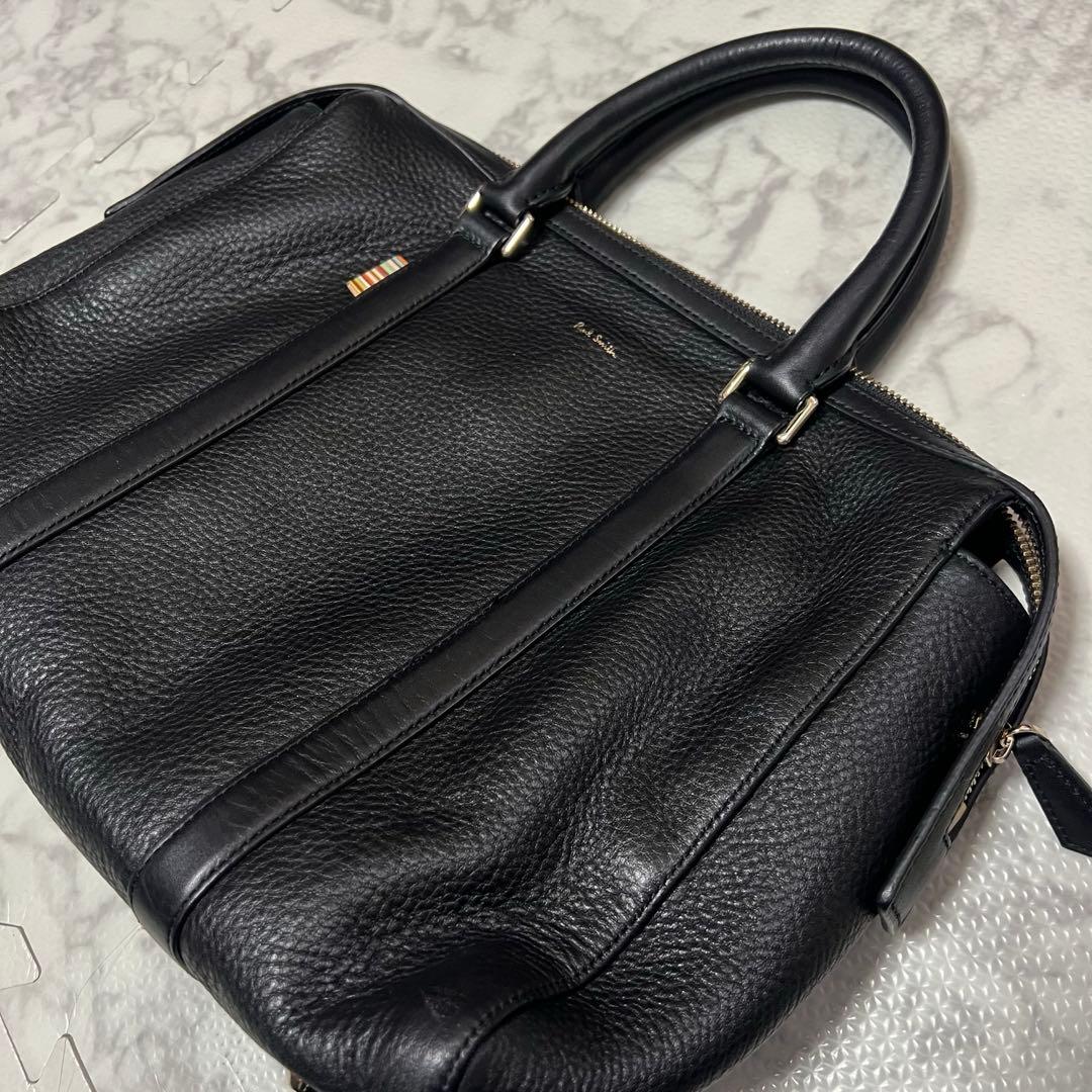美品ポールスミス ビジネスバッグ レザー 黒 マルチストライプ コンパクト