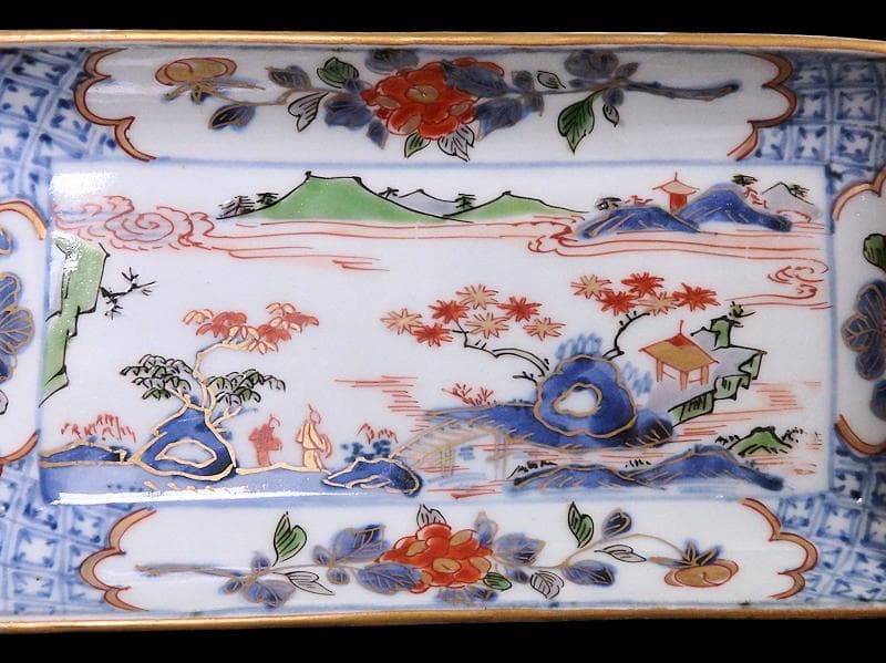 古伊万里　染錦　山水牡丹菊紋　長皿　柴田コレクション同手　E406AS-DBs