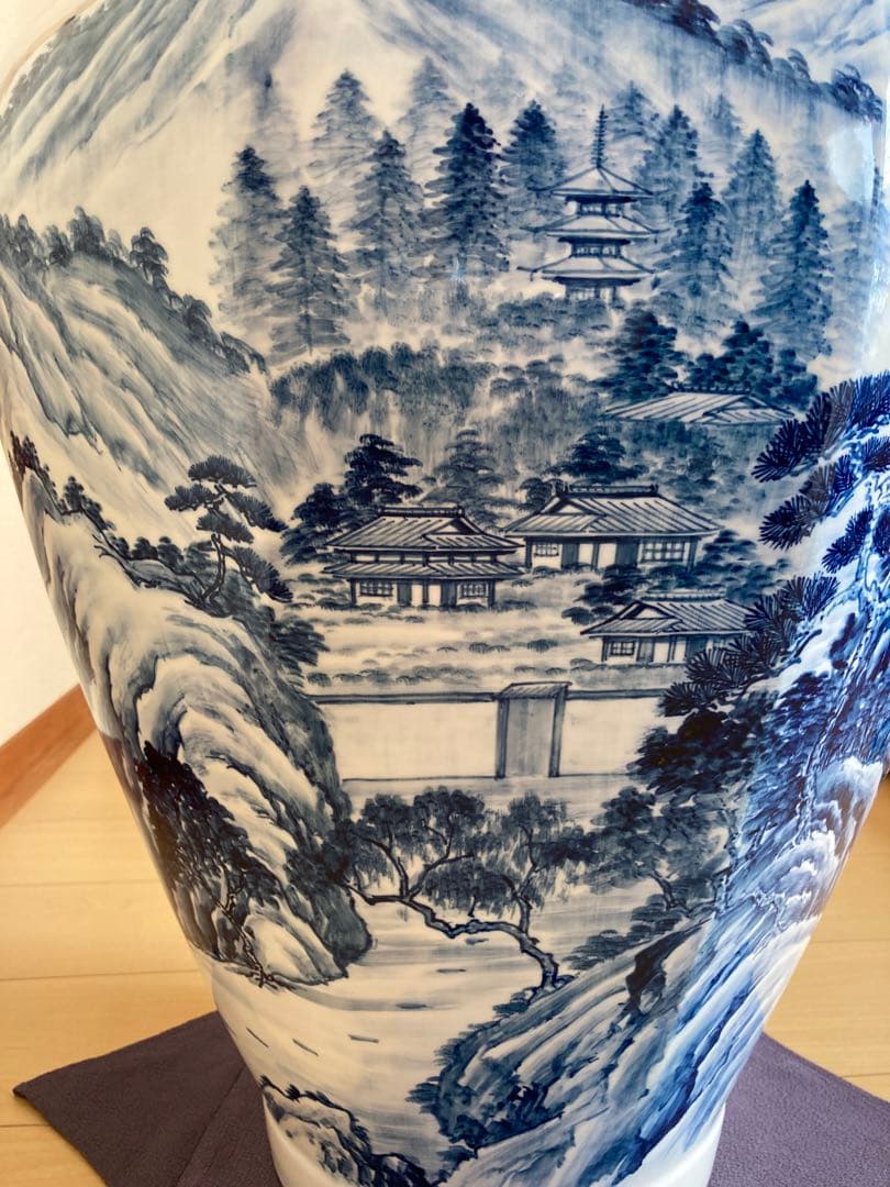 有田焼 藤井錦彩作 染付山水図 大壺 沈香壺 伝統工芸美術 陶磁器 和物骨董