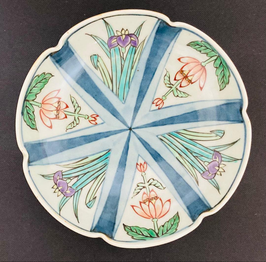 佐藤走波（六代）五寸皿　菊絵あやめ文　輪花　5枚