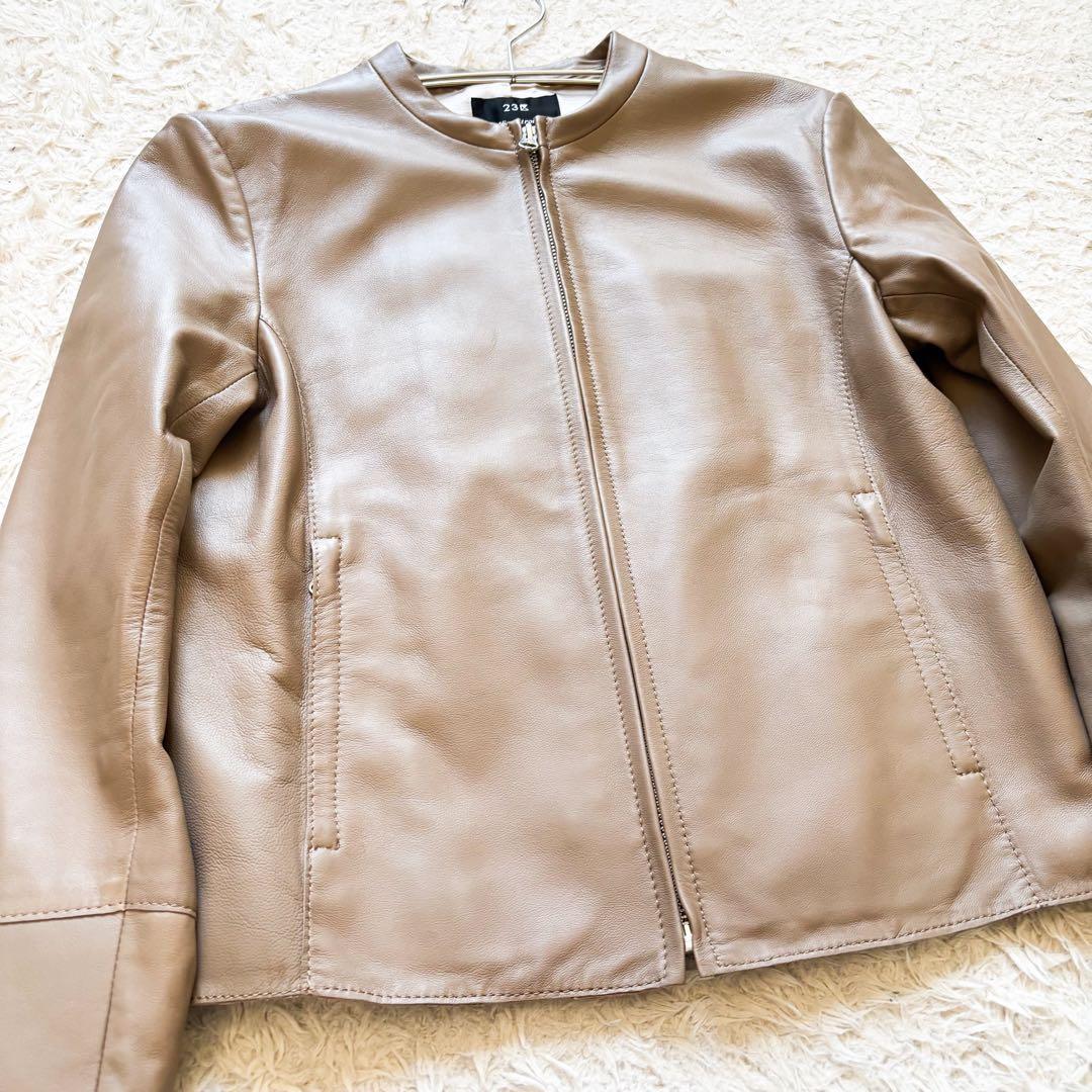 【美品】23区 ラムレザージャケット ノーカラー 羊革 40 大きめサイズ
