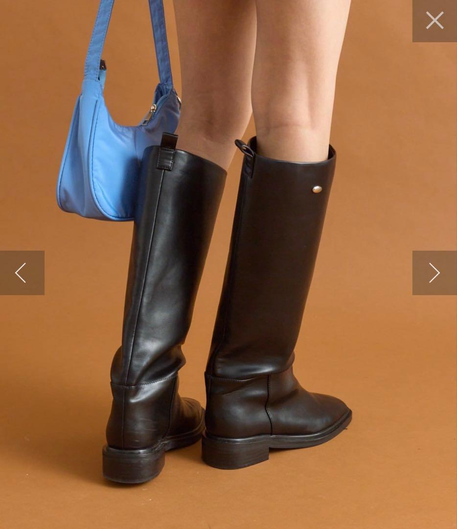 mystic ブラック スクエアトゥロングブーツ