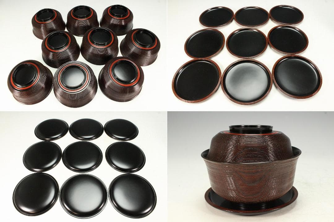 石州好 独楽塗 蕎麦椀 九客 受皿 九客 平安象彦製 共箱(K-A750)