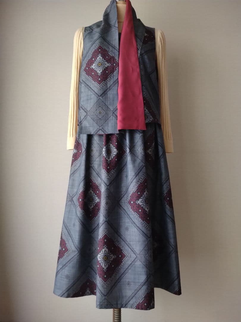 ❣️大島紬龍郷柄リメイクギャザースカート•ベスト セットアップ ストール付き