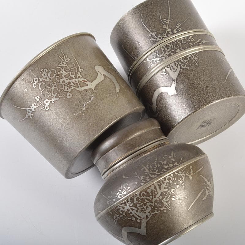 錫製　間村自造　四君子文　茶壷　茶こぼし　合計約985g　3点　D　R6368