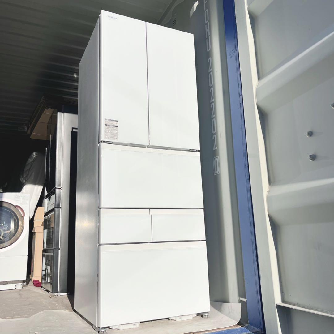 取付無料！東芝速鮮チルド搭載自動製氷おしゃれホワイトガラス6ドア冷蔵庫！洗濯機