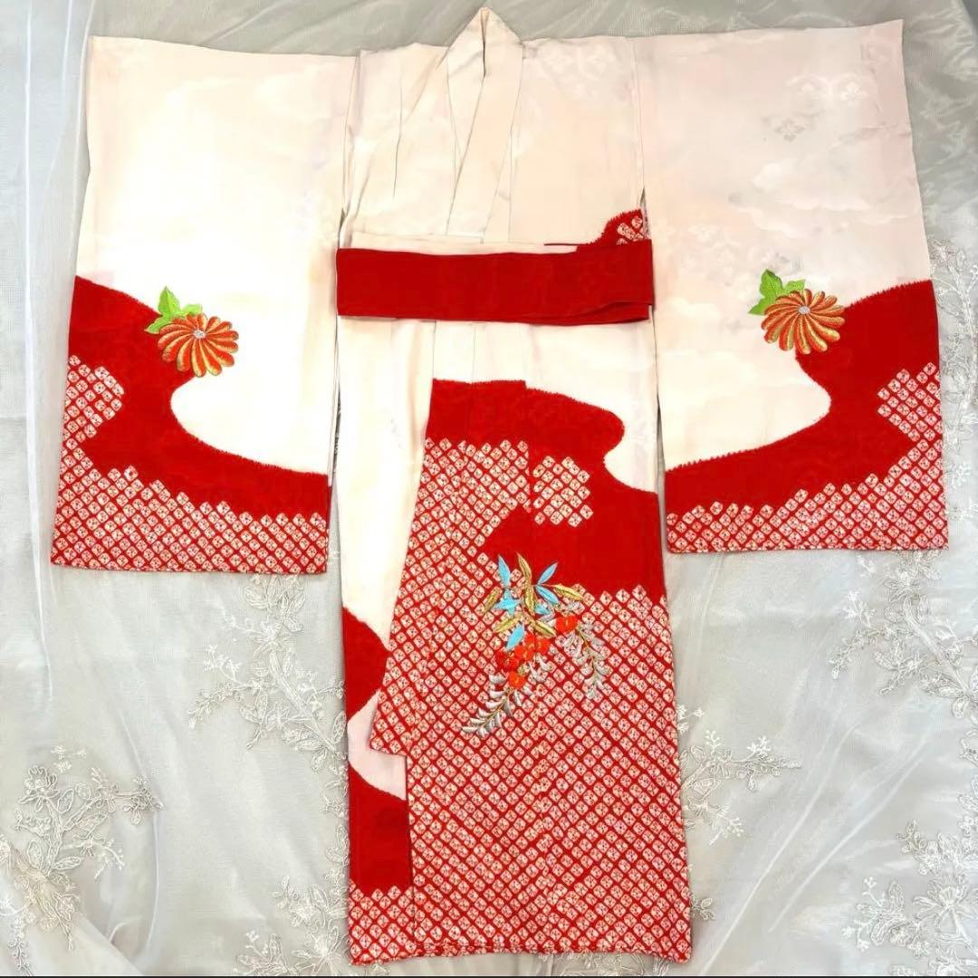 【高級】お宮参り 七五三 3歳 着物セット 紅白 金駒刺繍 絞り