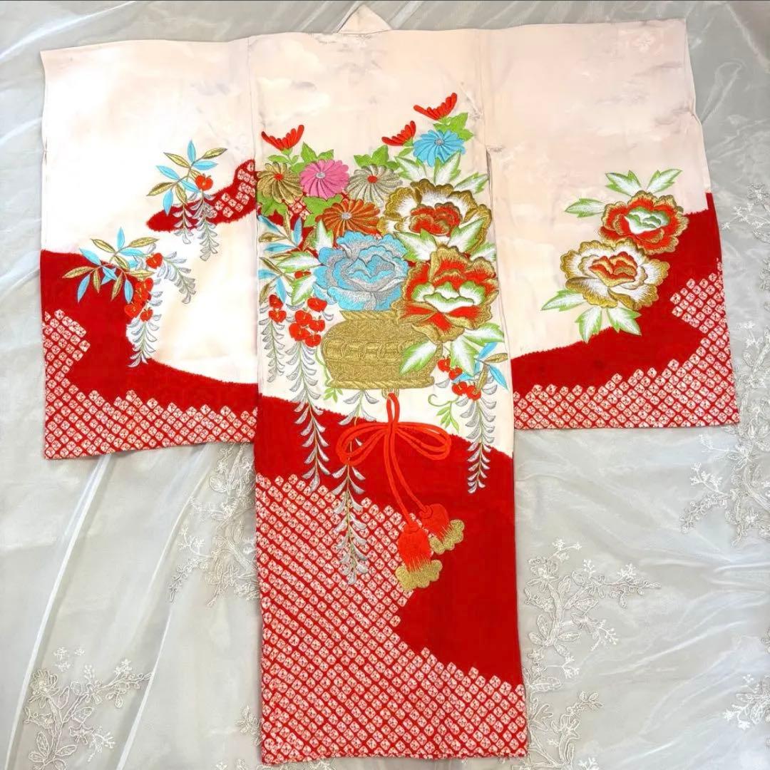 【高級】お宮参り 七五三 3歳 着物セット 紅白 金駒刺繍 絞り