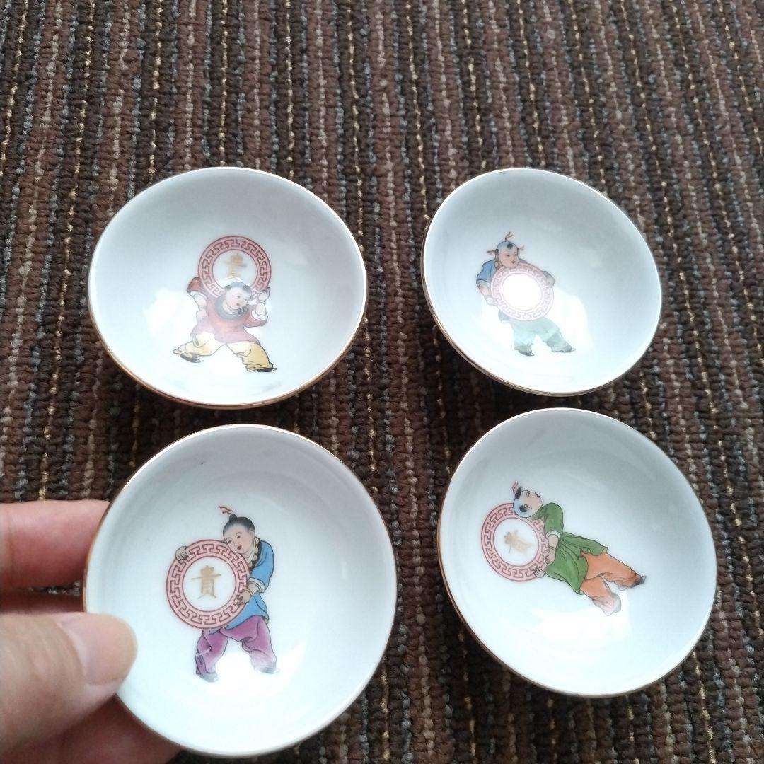 【美品】中国景徳鎮　「貴」金文字　唐子／童子　豆皿　４枚セット