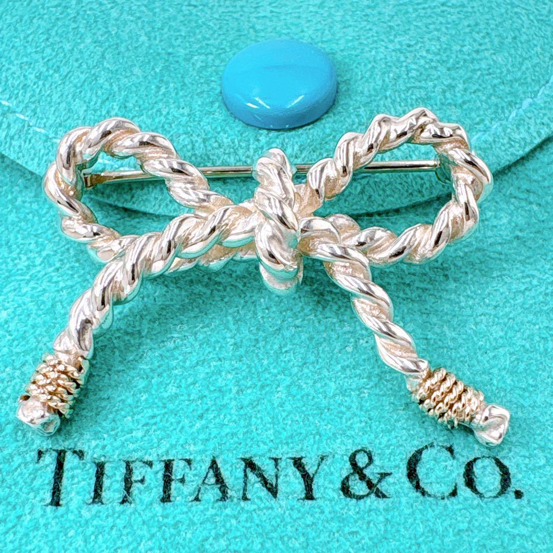 極美品 オールドティファニー ツイストリボン コンビ ブローチ シルバー k14