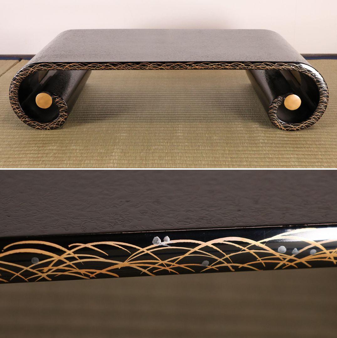 木製 漆塗 巻足 平卓 金蒔絵 丸菊 桐唐草 黒塗 漆芸 花台【MB106】