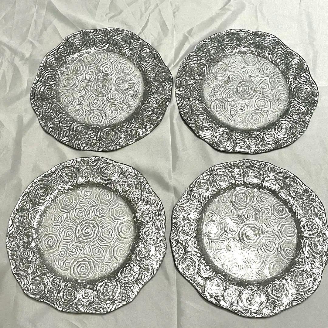 食器 お皿 ガラスプレート 4枚セット IVV ロゼット シルバー