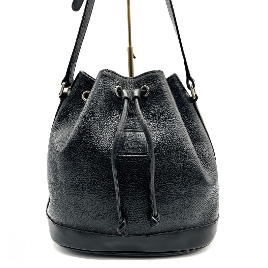 【90s 美品】バーバリー 巾着 レザー ホースロゴ ブラック ショルダーバッグ