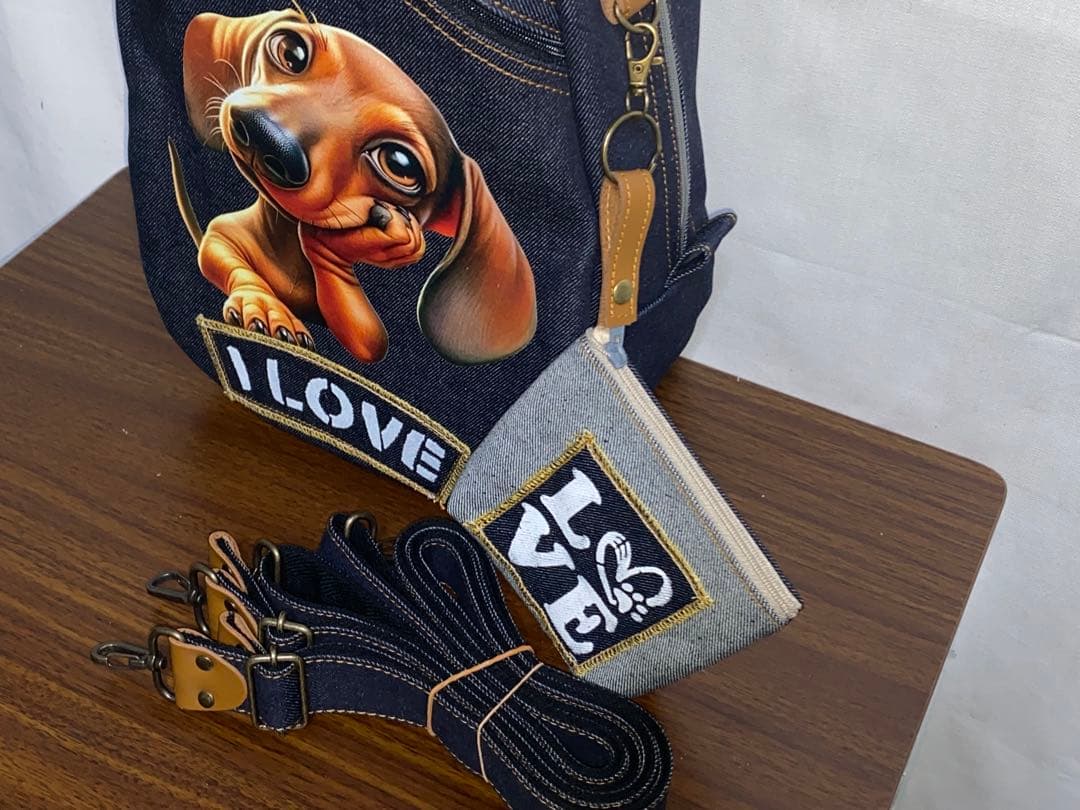 ダックスのプリントイラスト ショルダーバッグ ネイビー