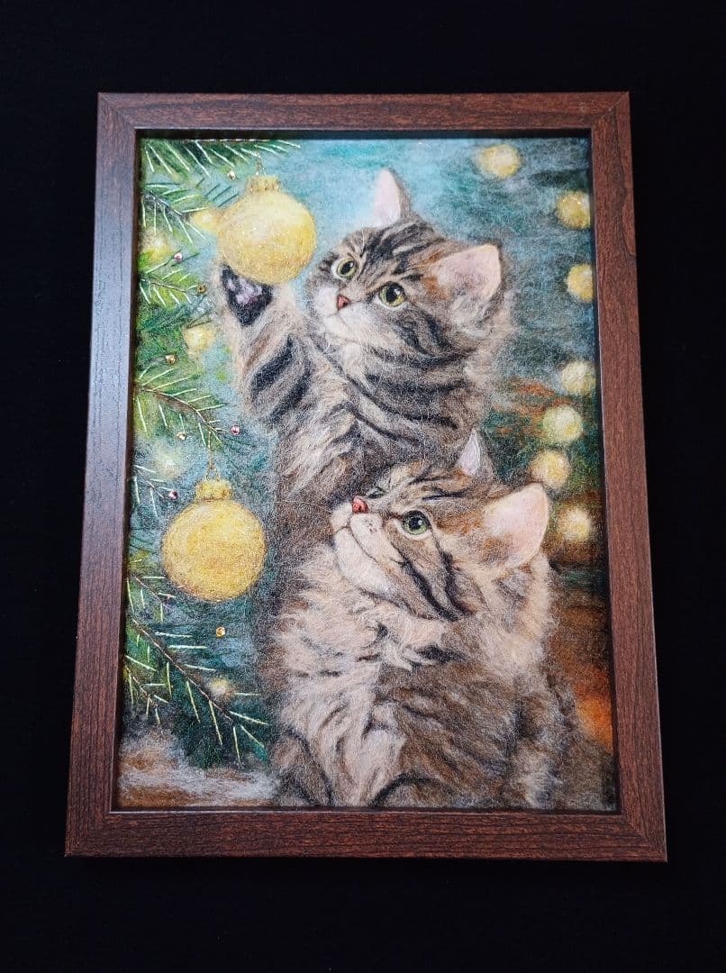 羊毛フェルト 絵画 「クリスマスのキラキラに夢中」