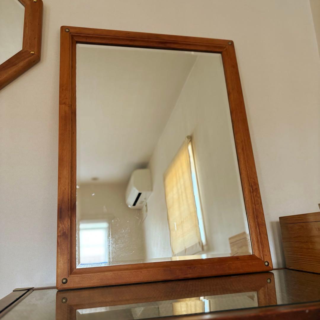 【 アンティーク】木製フレームミラー 長方形 北欧ナチュラル 68×52cm