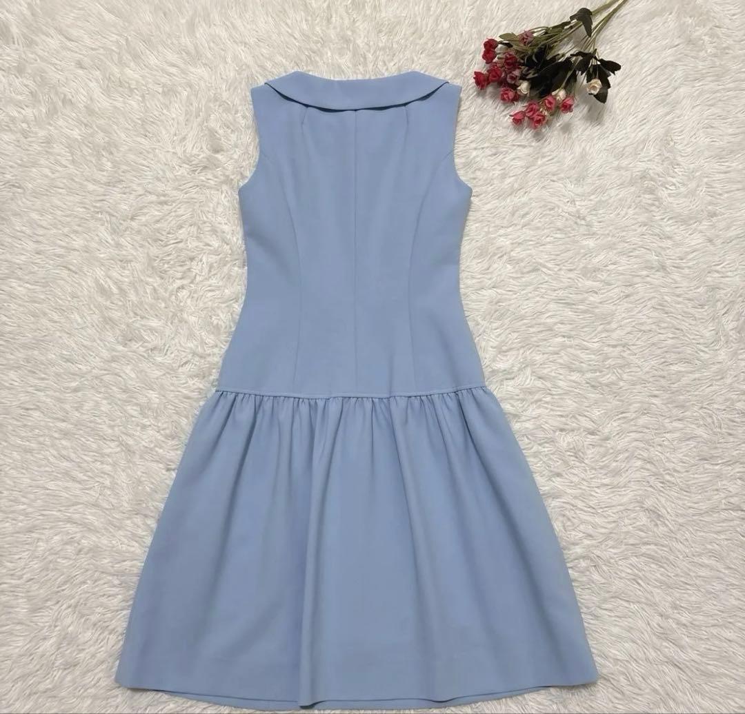ルネ ノースリーブワンピース ドレス パール 襟つき ストレッチ　水色 32