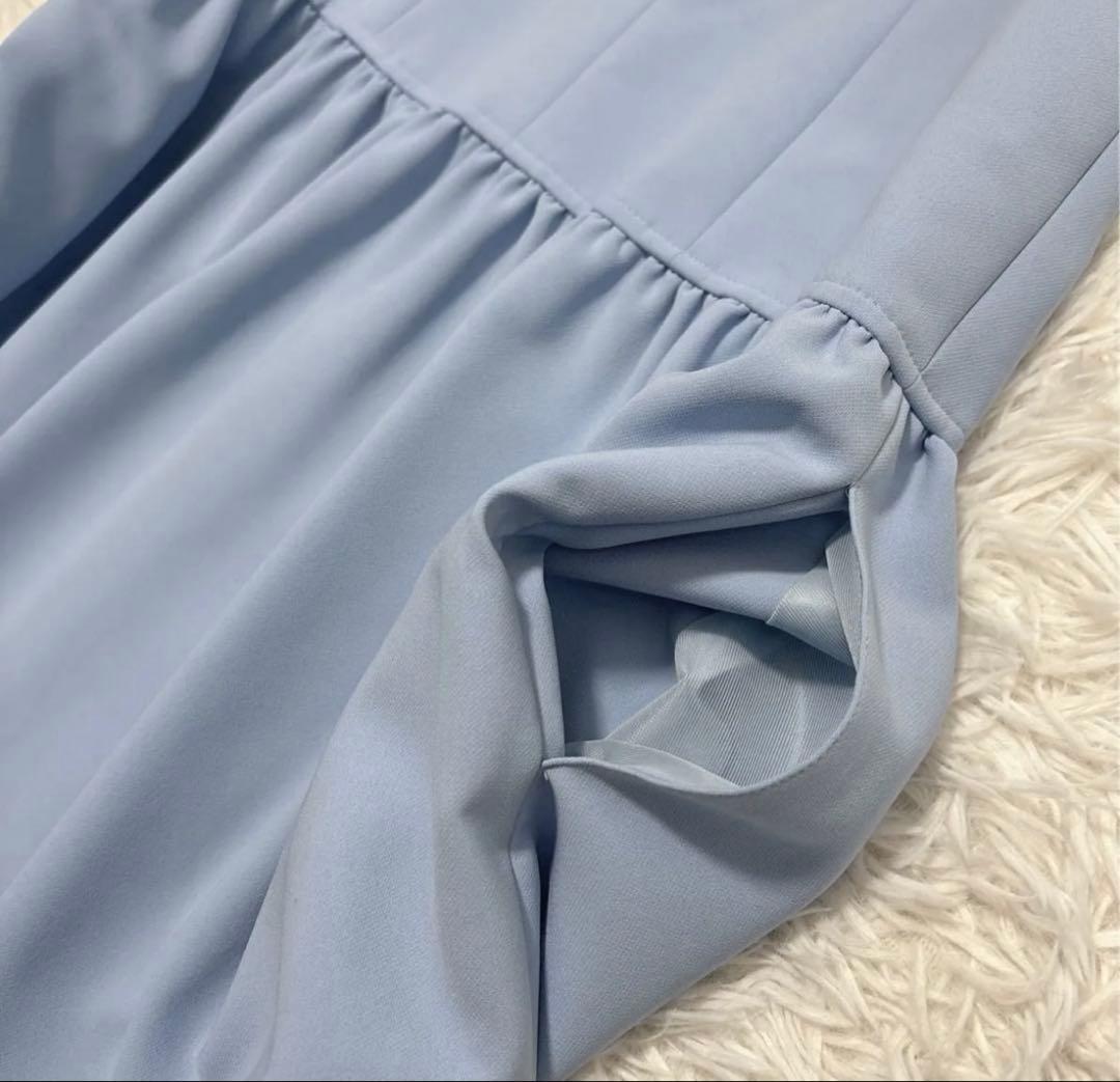 ルネ ノースリーブワンピース ドレス パール 襟つき ストレッチ　水色 32