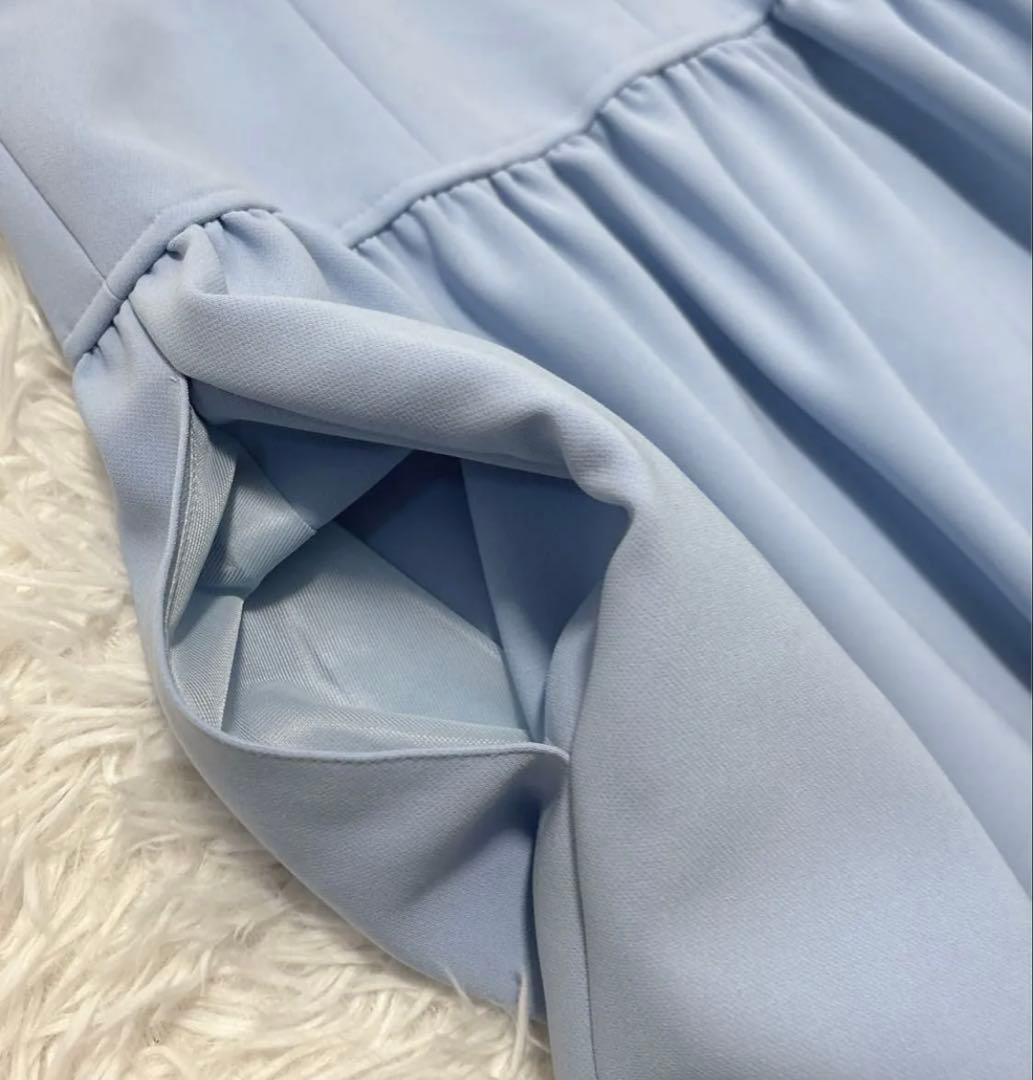 ルネ ノースリーブワンピース ドレス パール 襟つき ストレッチ　水色 32