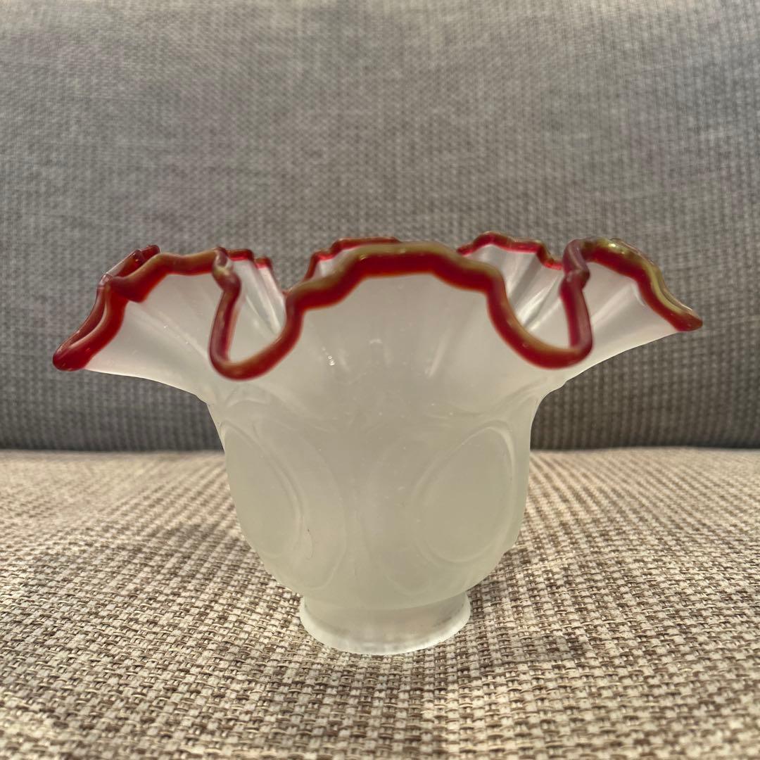 ランプシェード　フロストガラス　赤縁フリル　昭和レトロ　日本製　(14)