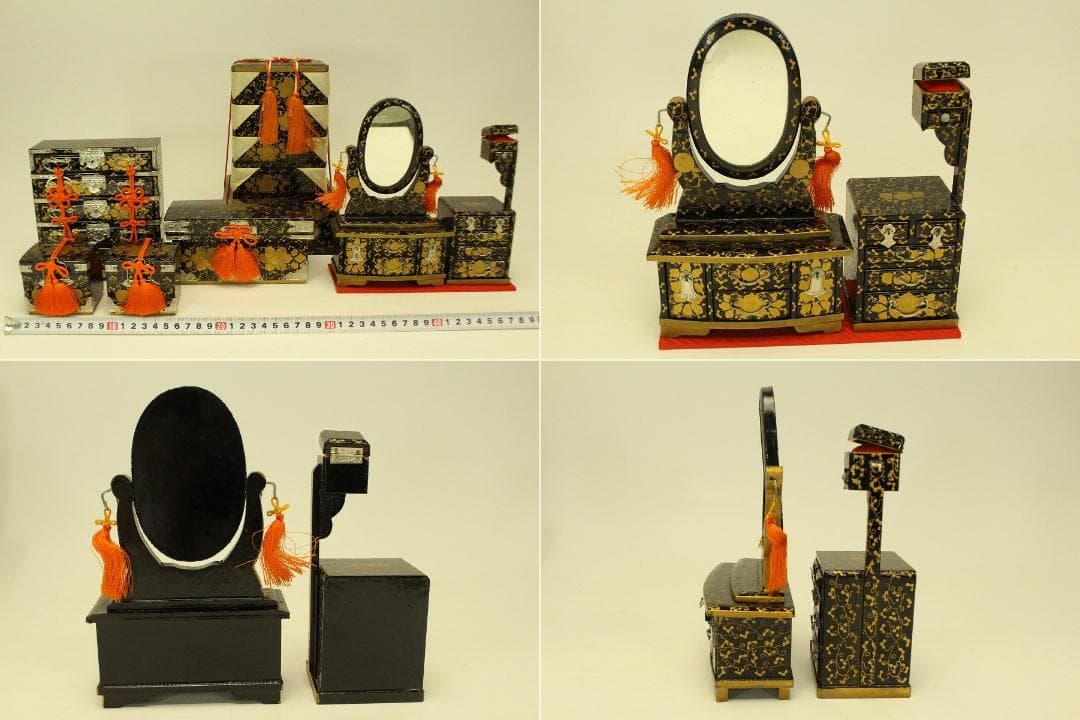 ミニチュア 雛道具 木製 蒔絵家具 重箱 針 鏡 揃い セット(ZE359)