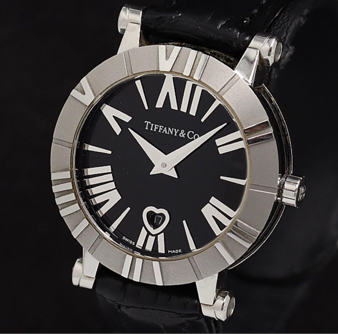 美品　Tiffany & Co. ブラック時計　アトラス　黒文字盤　電池交換済み