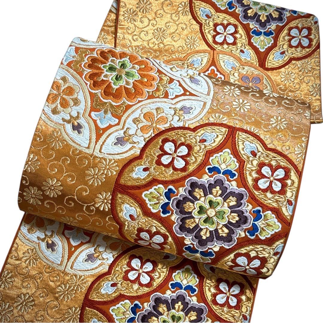 AA1袋帯 六通唐織華文柄 河合美術織物 金糸　八宝花 正絹 着物