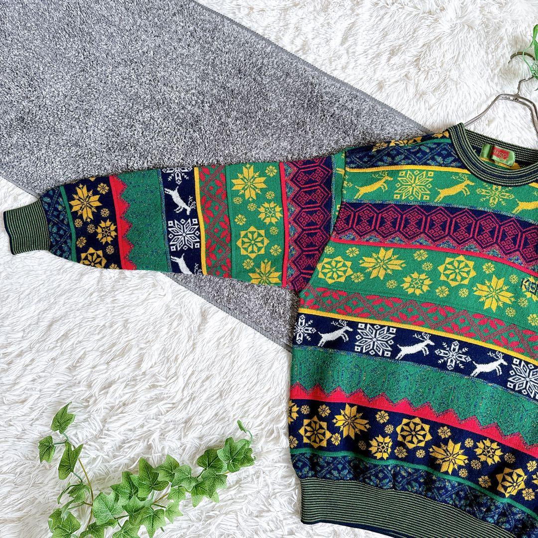 希少　美品　オールド　ケンゾー　総柄 ニット　切り替え　刺繍ロゴ　ウール混