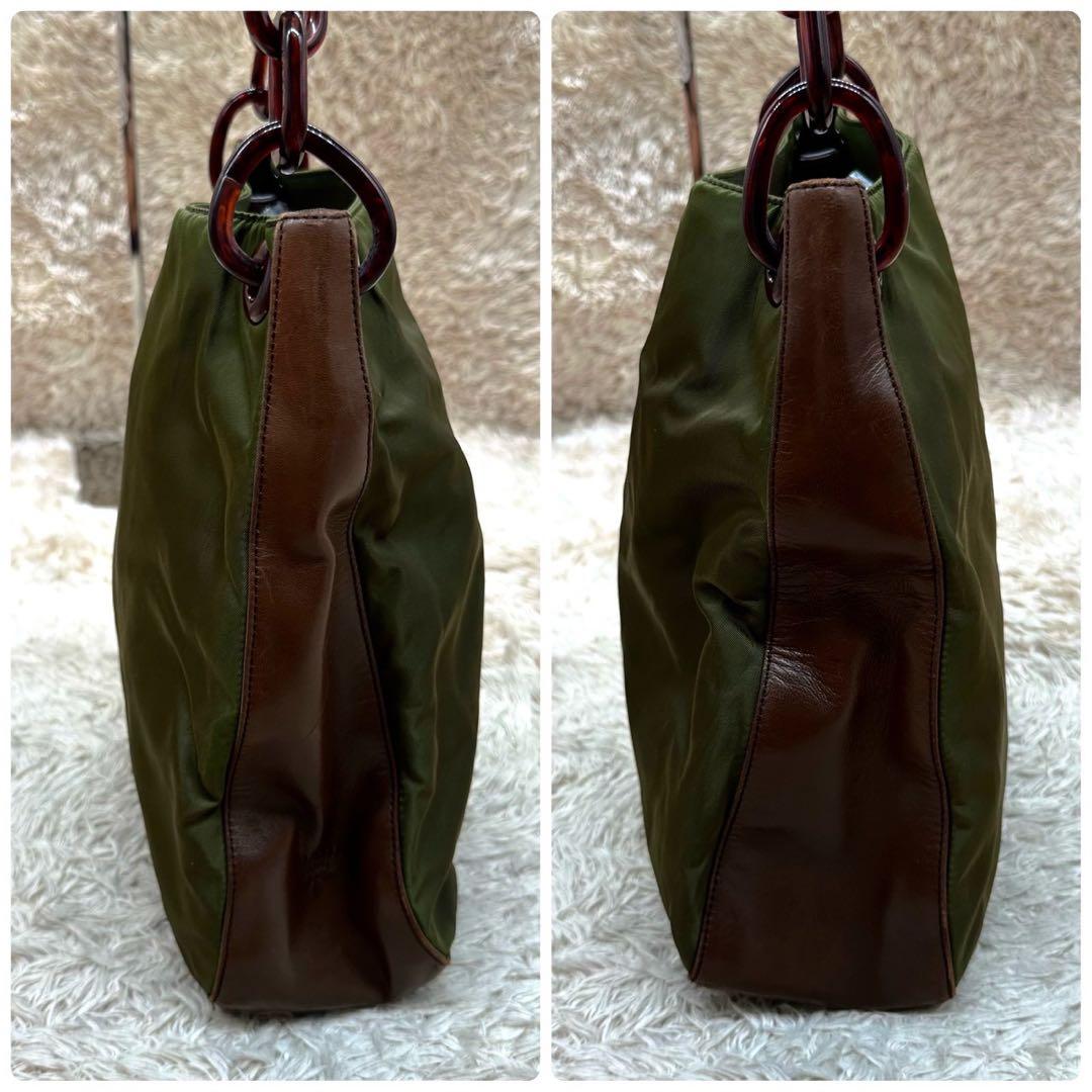 【美品】プラダ トートバッグ ワンショルダー カーキ ナイロン チェーン