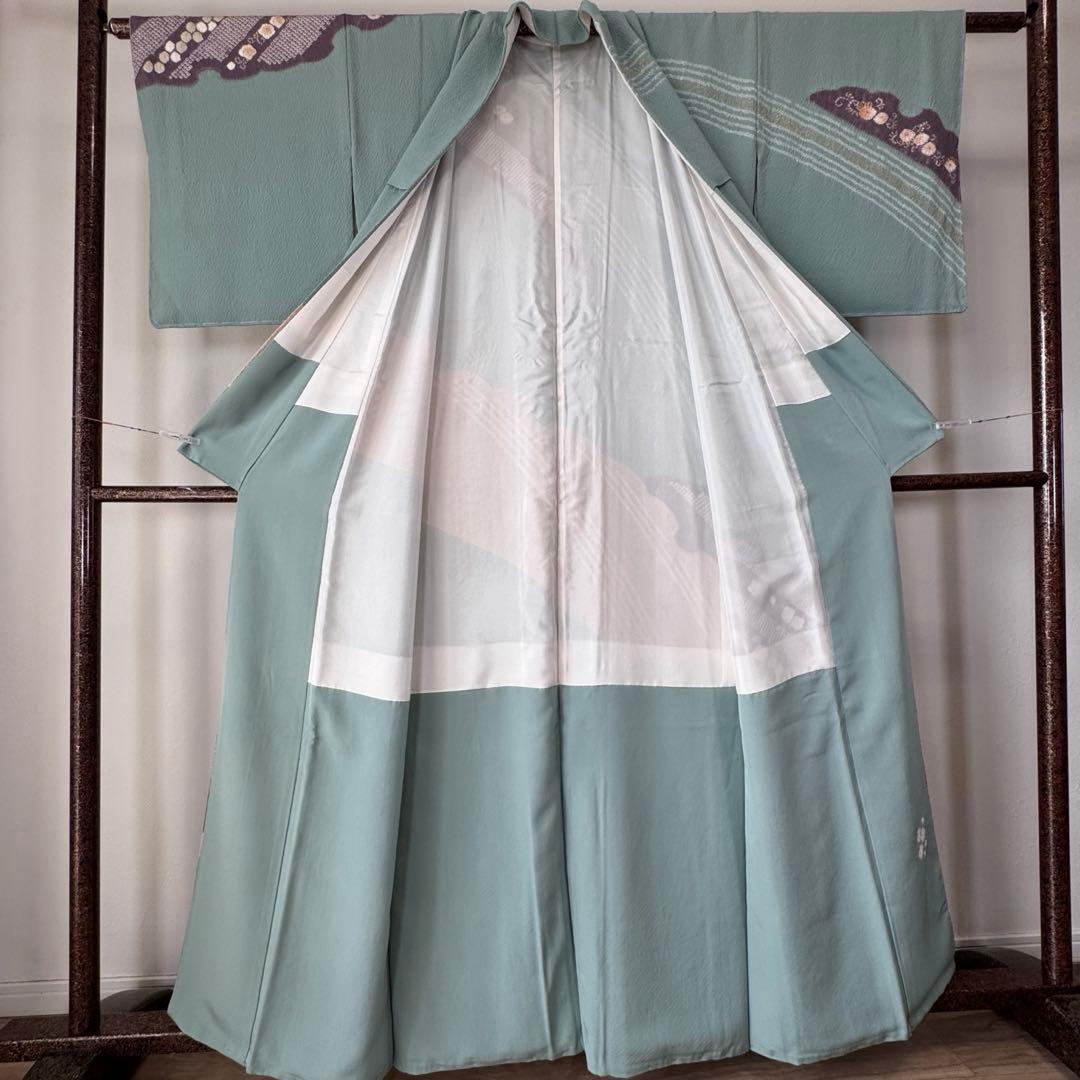 しつけ付き　正絹　袷　広襟　訪問着　付け下げ　着物　163 青緑　紫　金　滝泰