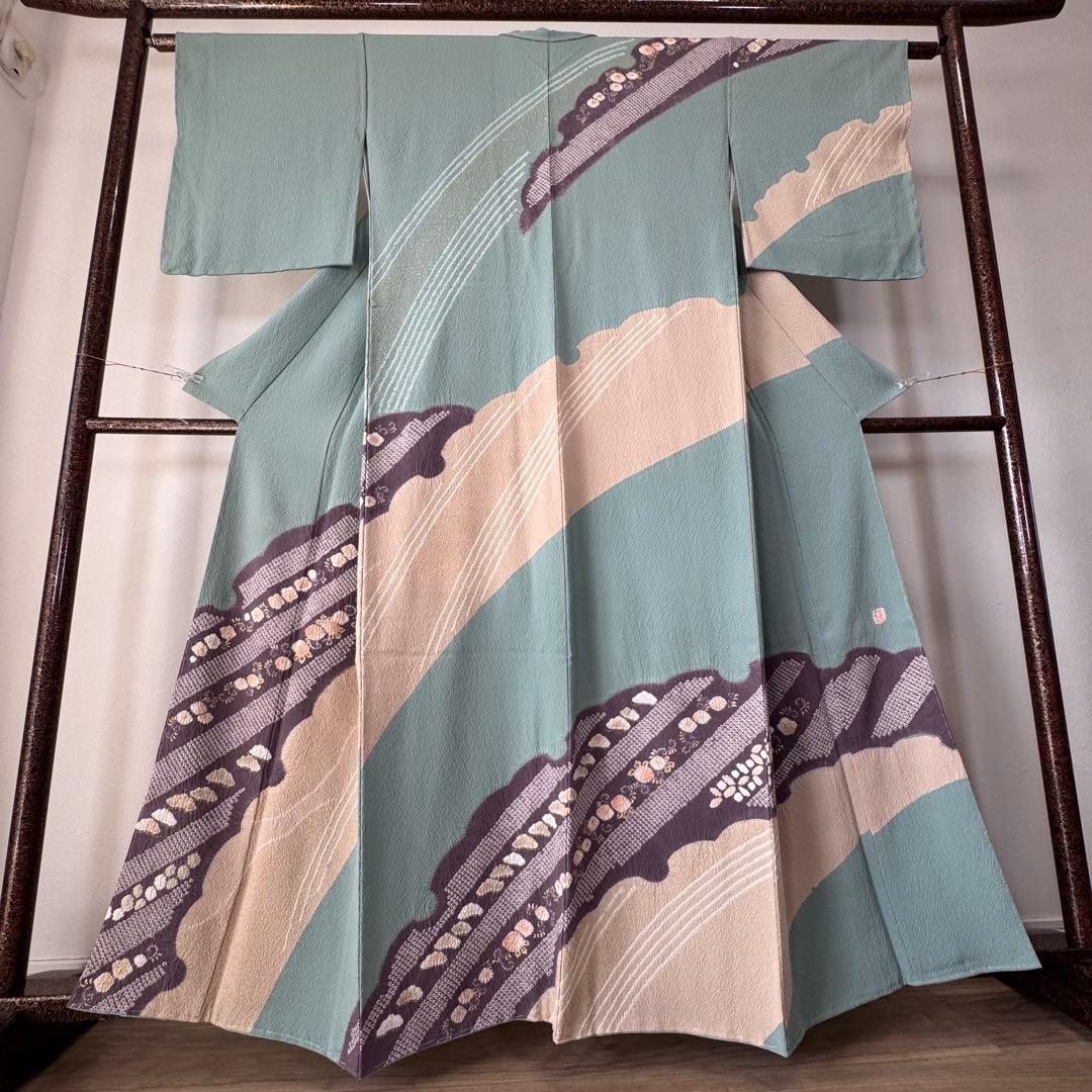 しつけ付き　正絹　袷　広襟　訪問着　付け下げ　着物　163 青緑　紫　金　滝泰