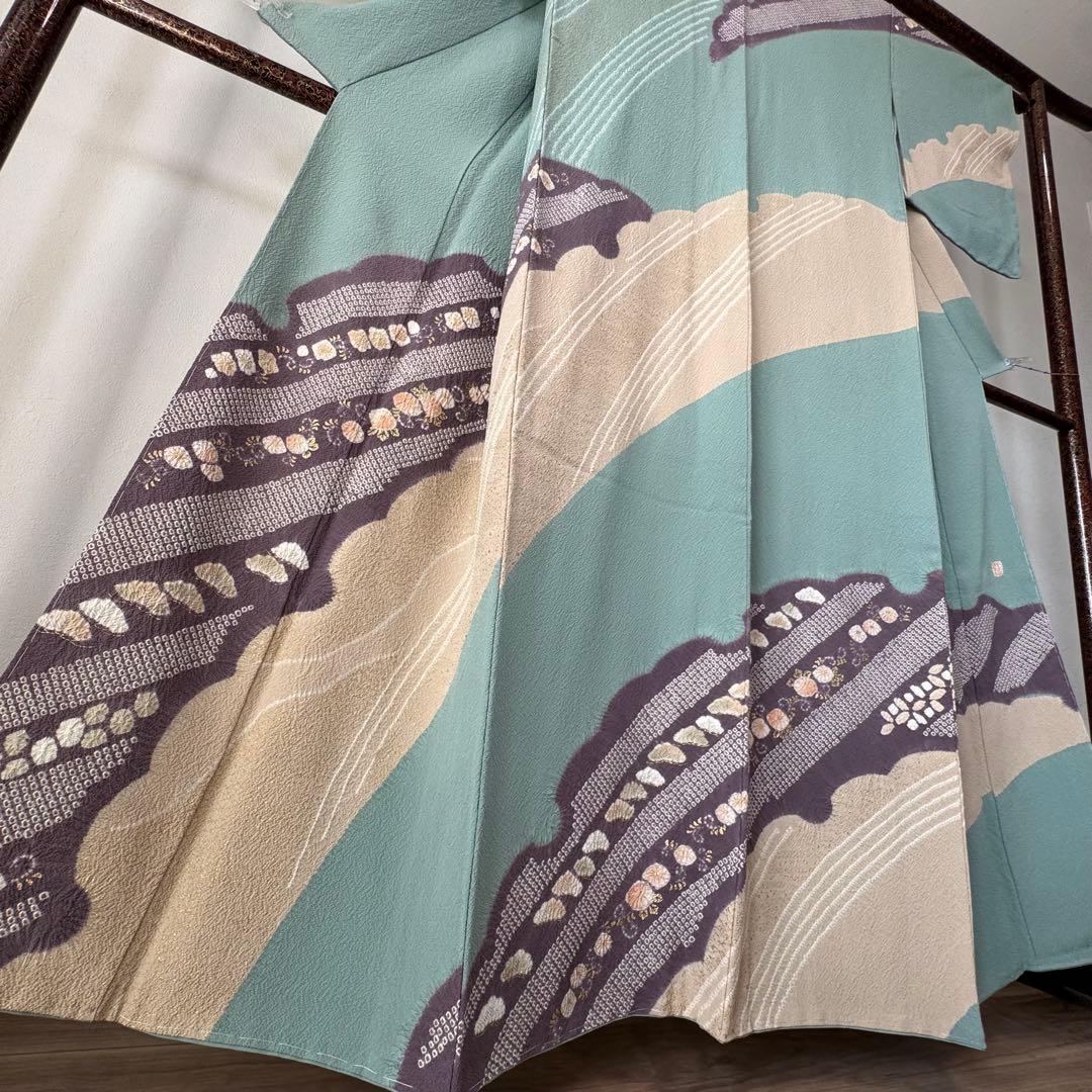 しつけ付き　正絹　袷　広襟　訪問着　付け下げ　着物　163 青緑　紫　金　滝泰