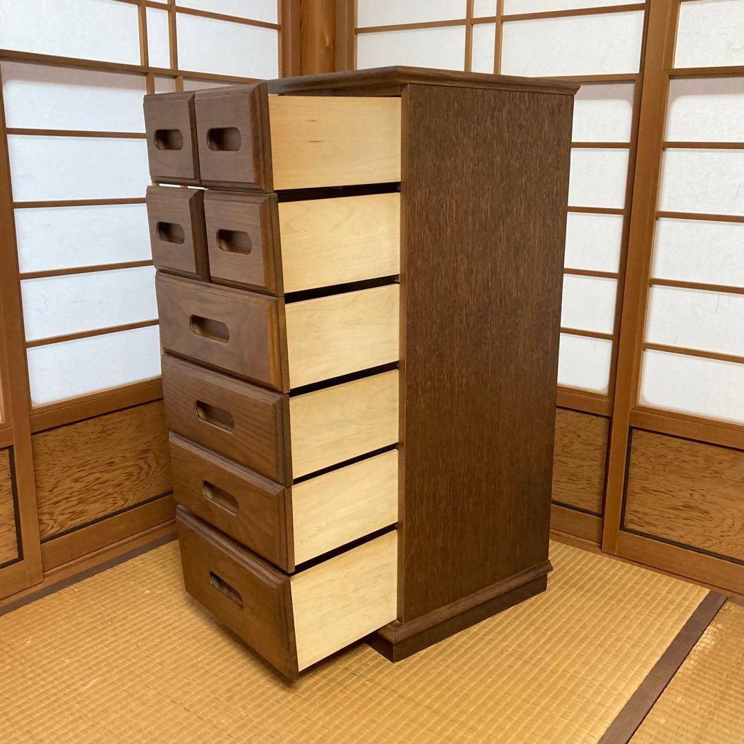 渡部木工 引き出し チェスト 箪笥 スリム 茶 木製 ナラ材 8杯 家具 レトロ