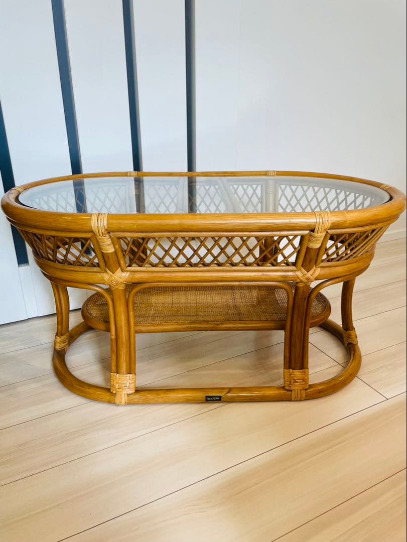 コイズミ　ラタン　ガラステーブル　アンティーク