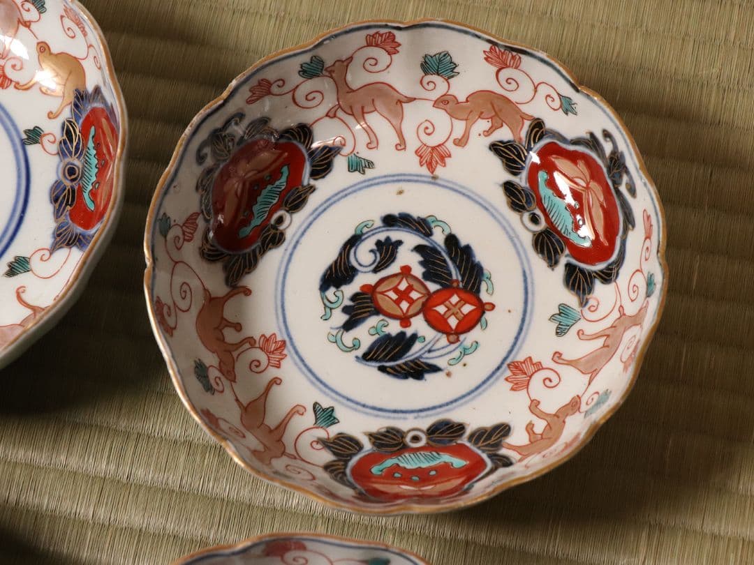 冨貴長春 古伊万里 花唐草獣図 色絵 なます皿 六客 中皿 鉢 錦手【CM12】