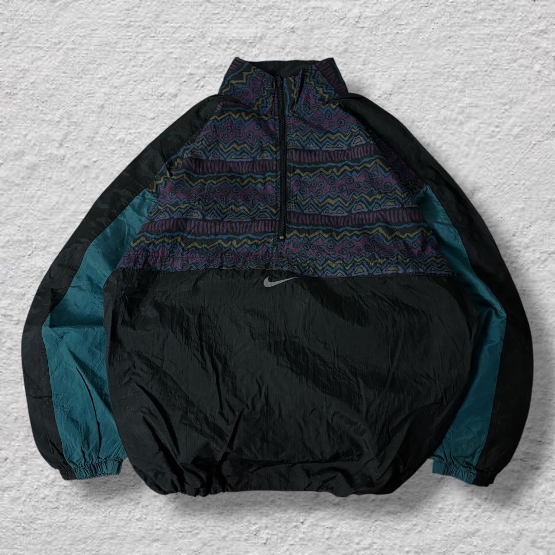 nikeナイロンジャケットアノラック90s古着vintageブラック幾何学柄L