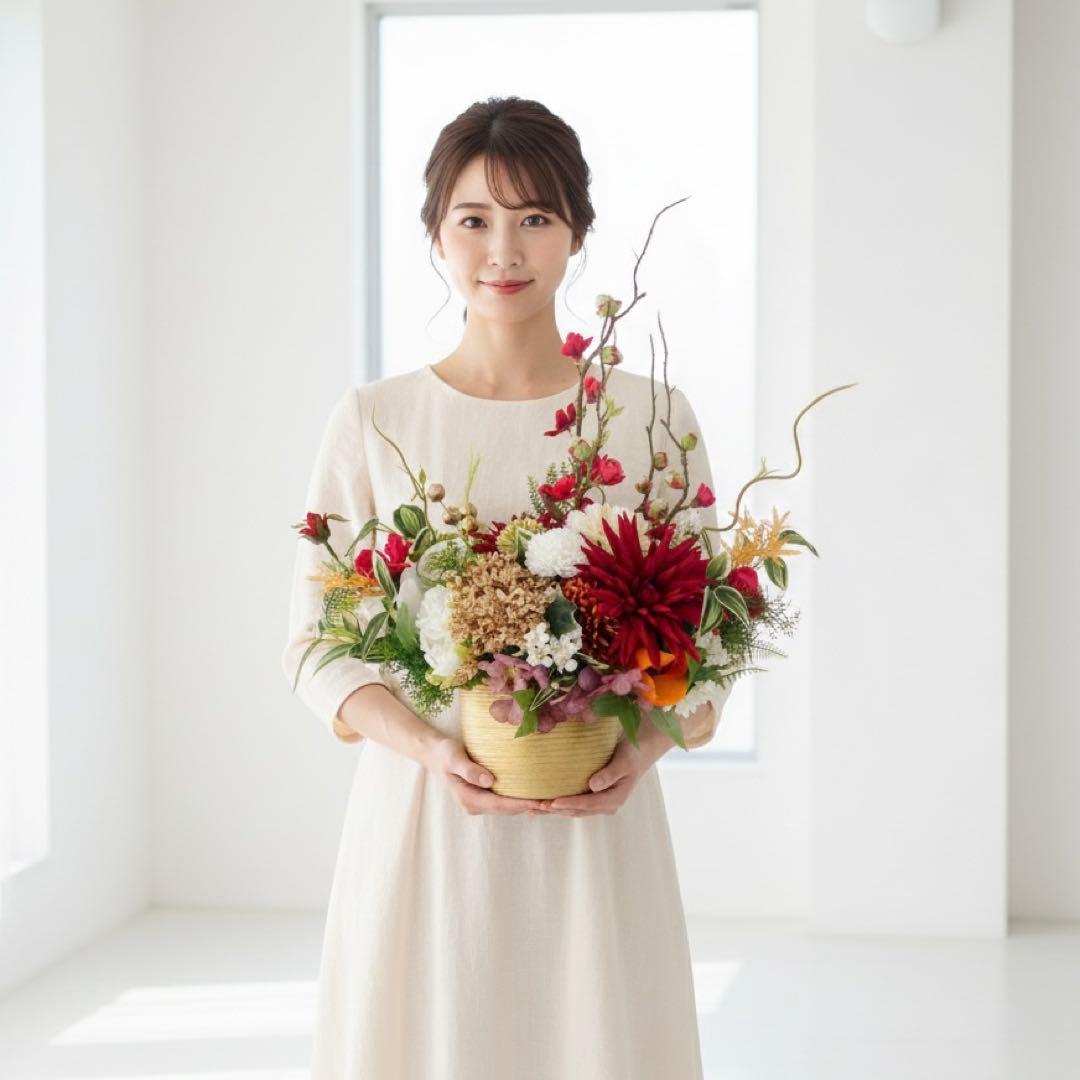 和アレンジ｜金彩ゴールド器に咲く華やぎの和花たち・通年飾れる光触媒フラワー
