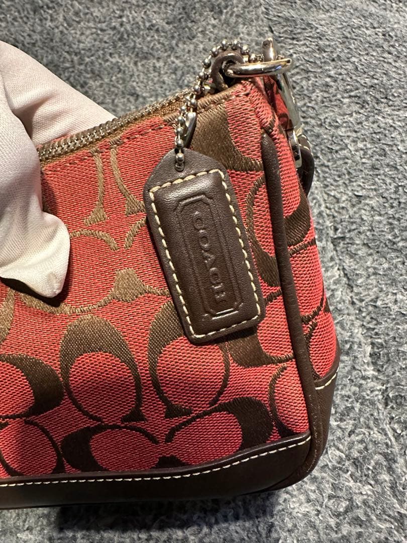 COACHコーチ　アクセサリーポーチ　ハンドバッグ　キャンバス 赤 茶