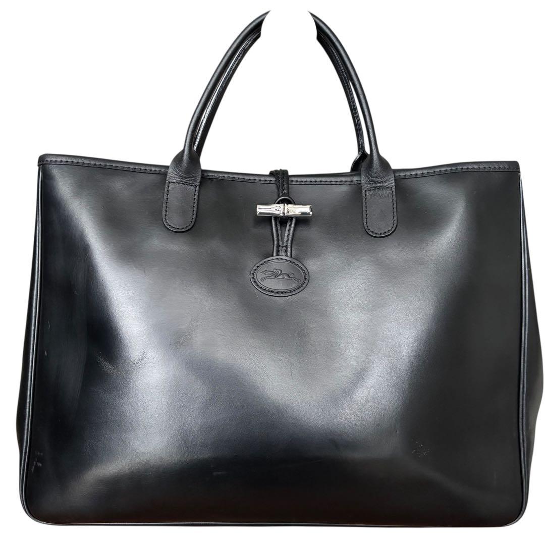 【良品】ロンシャン　トートバッグ　オールレザー　黒　エンボスロゴ　手提げ　大容量