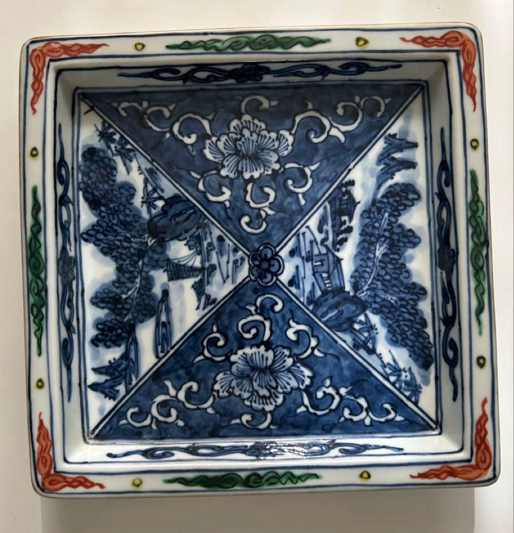 京焼 清水焼 京泉 染付山水牡丹唐草 角皿 5