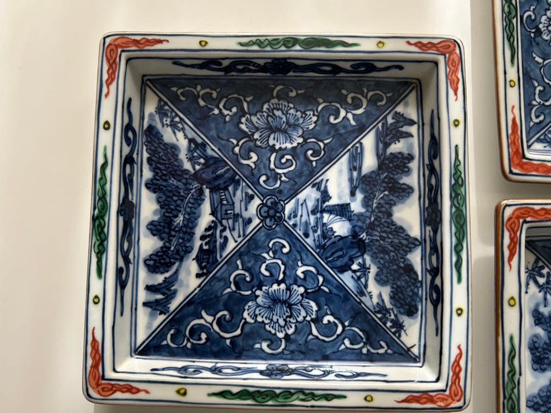 京焼 清水焼 京泉 染付山水牡丹唐草 角皿 5