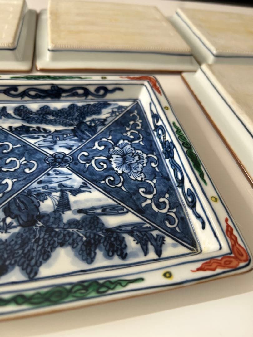 京焼 清水焼 京泉 染付山水牡丹唐草 角皿 5