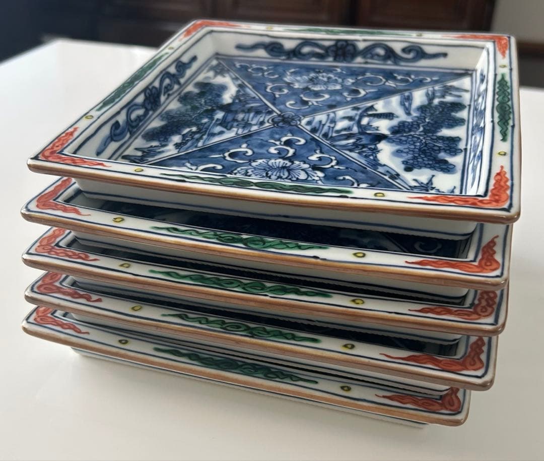 京焼 清水焼 京泉 染付山水牡丹唐草 角皿 5